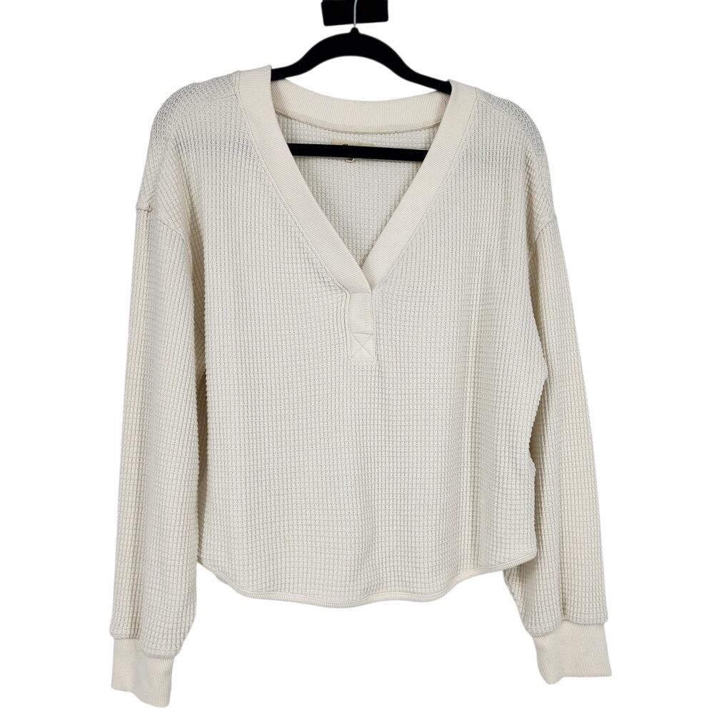 Madewell Antique Cream Brushed Waffle V-neck Thermal Long Sleeve Tee Size L